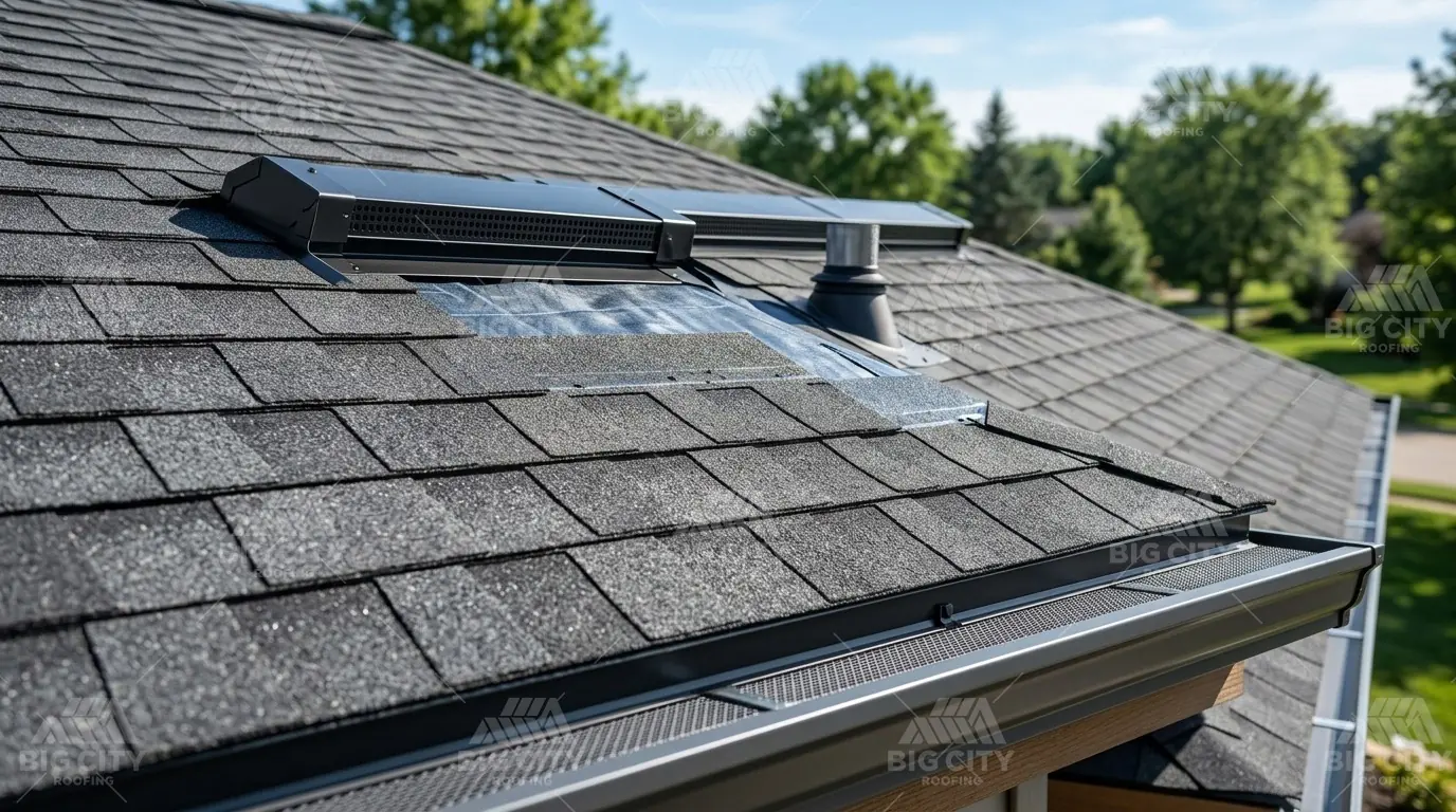 Asphalt shingle installation with roof ventilation and drip edge