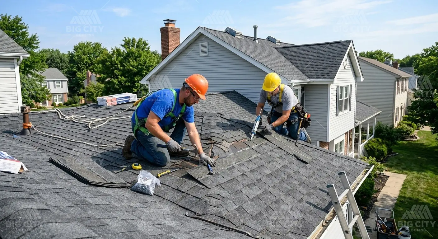 Roofers repairing an asphalt shingle roof on a house