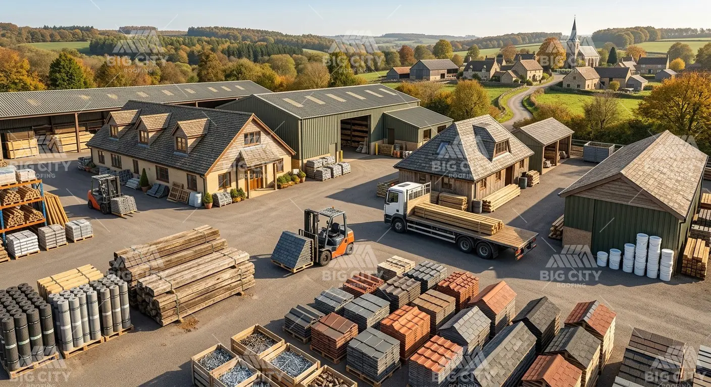 Commercial roofing supplies and materials at a supply yard