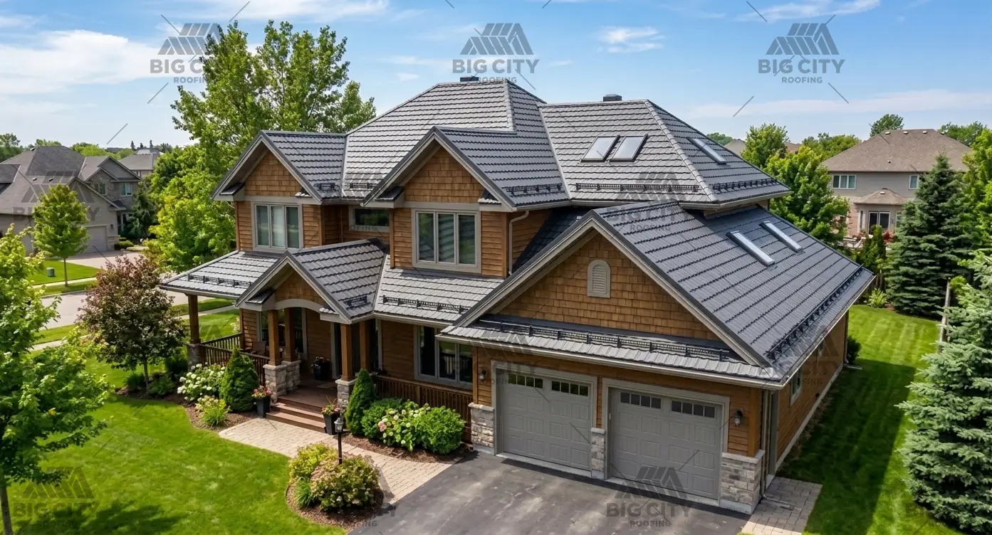 Completed residential roofing project with new roof and exterior