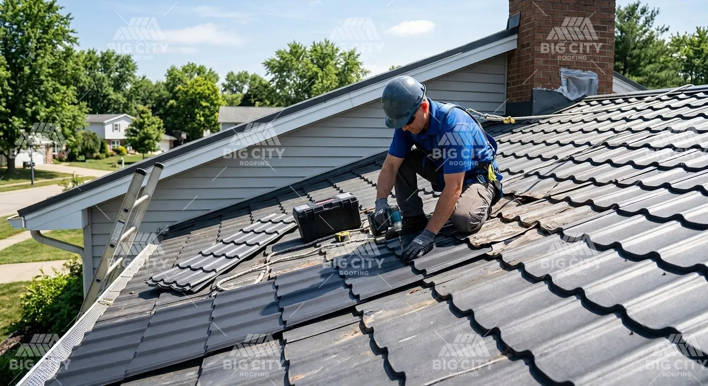 Roofer repairing a metal tile roof