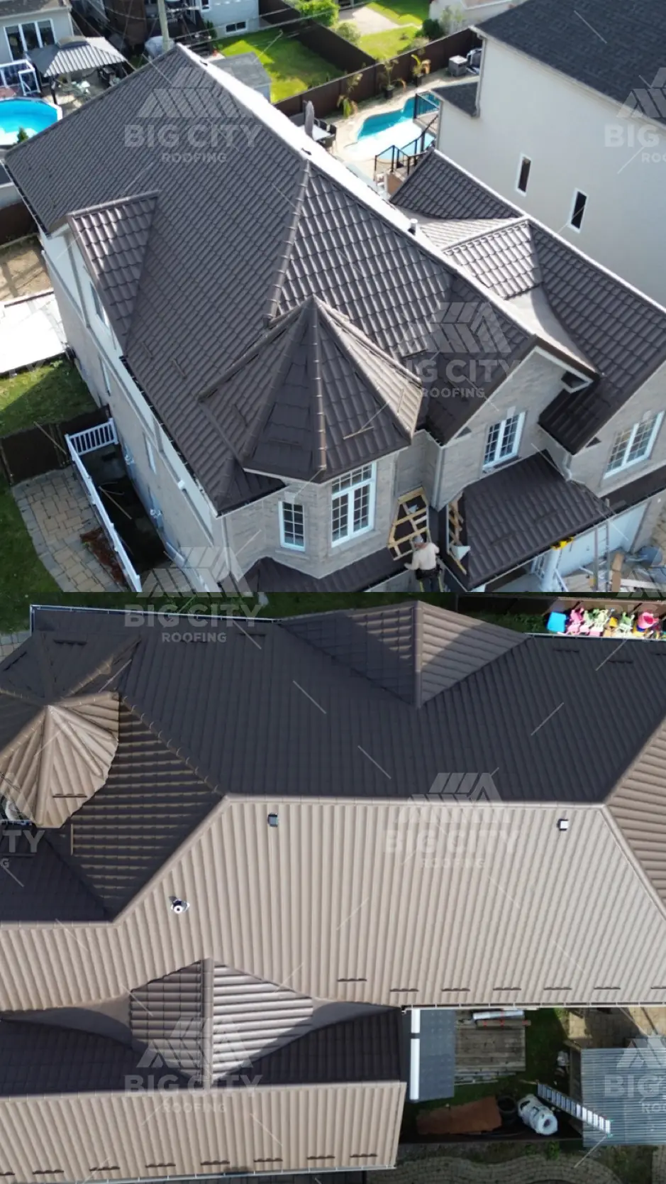 Aerial view of a metal roof installed by Big City Roofing in Ottawa