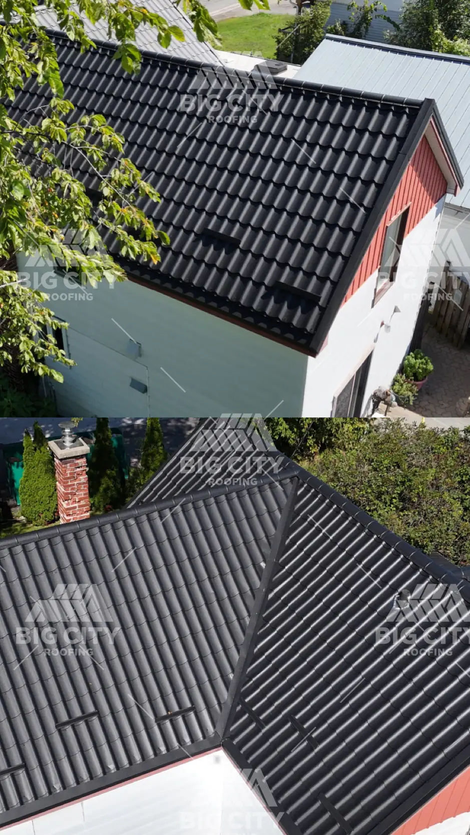 Steel metal roofing tiles on an Ottawa home, aerial view