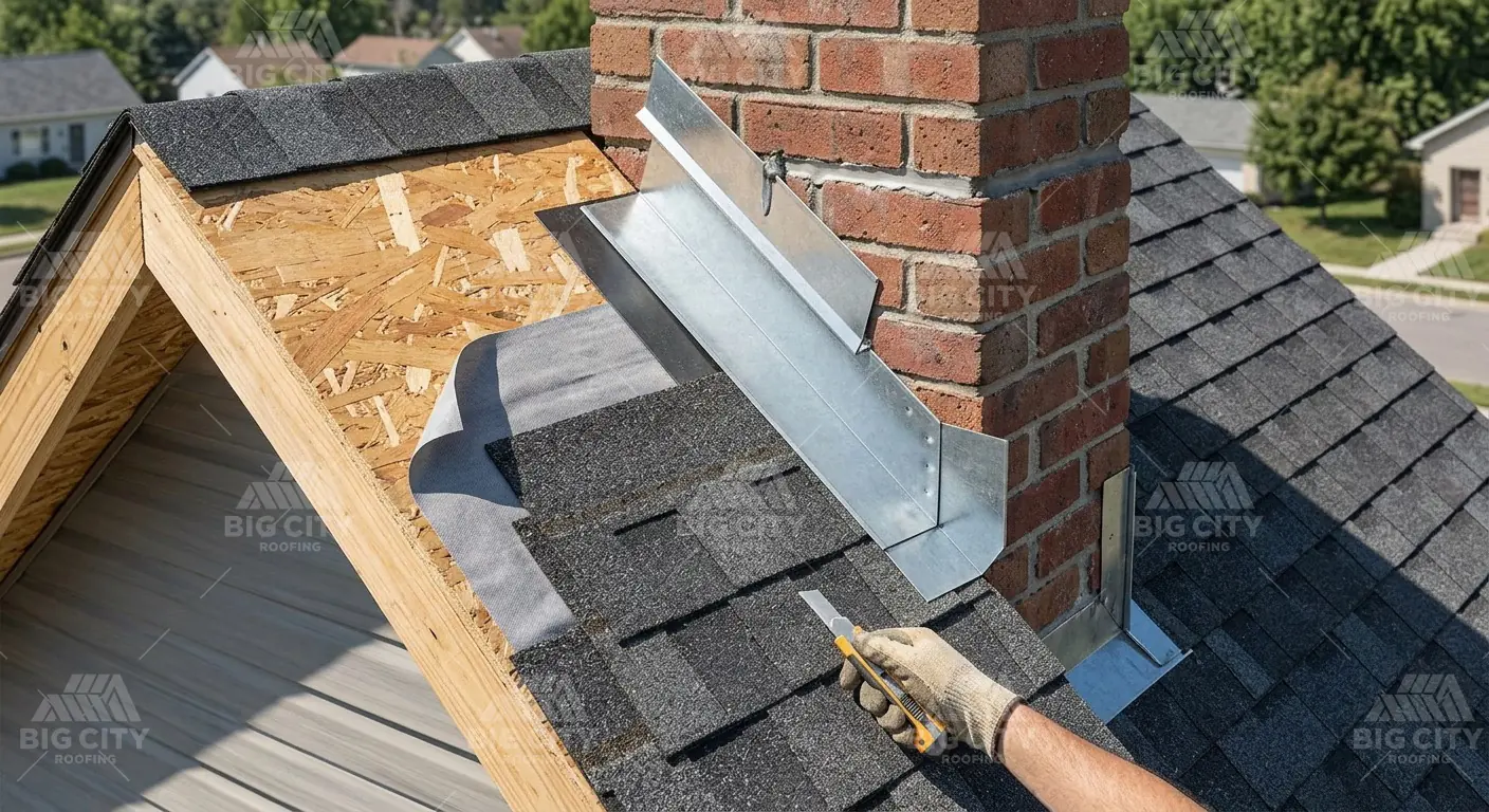 Roof flashing installed around a brick chimney