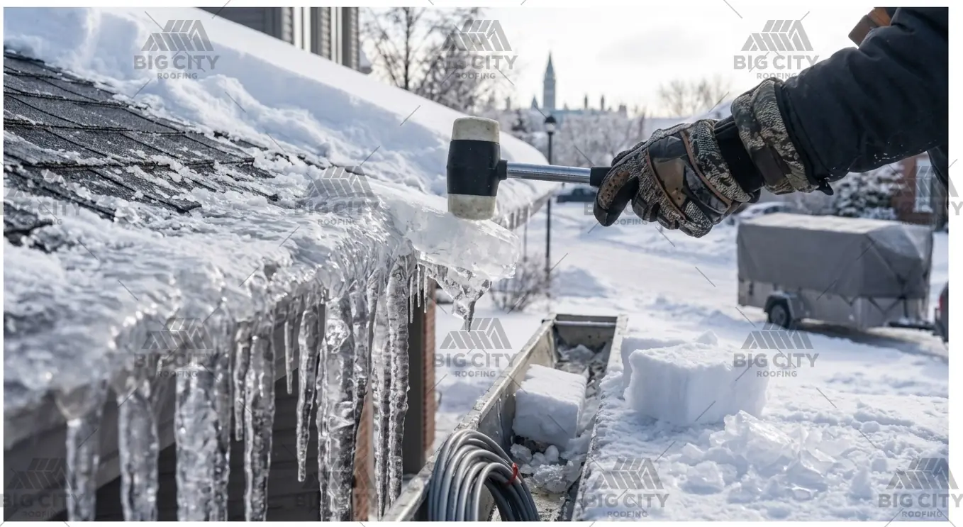 Roofer removing ice and icicles from a roof edge in Ottawa