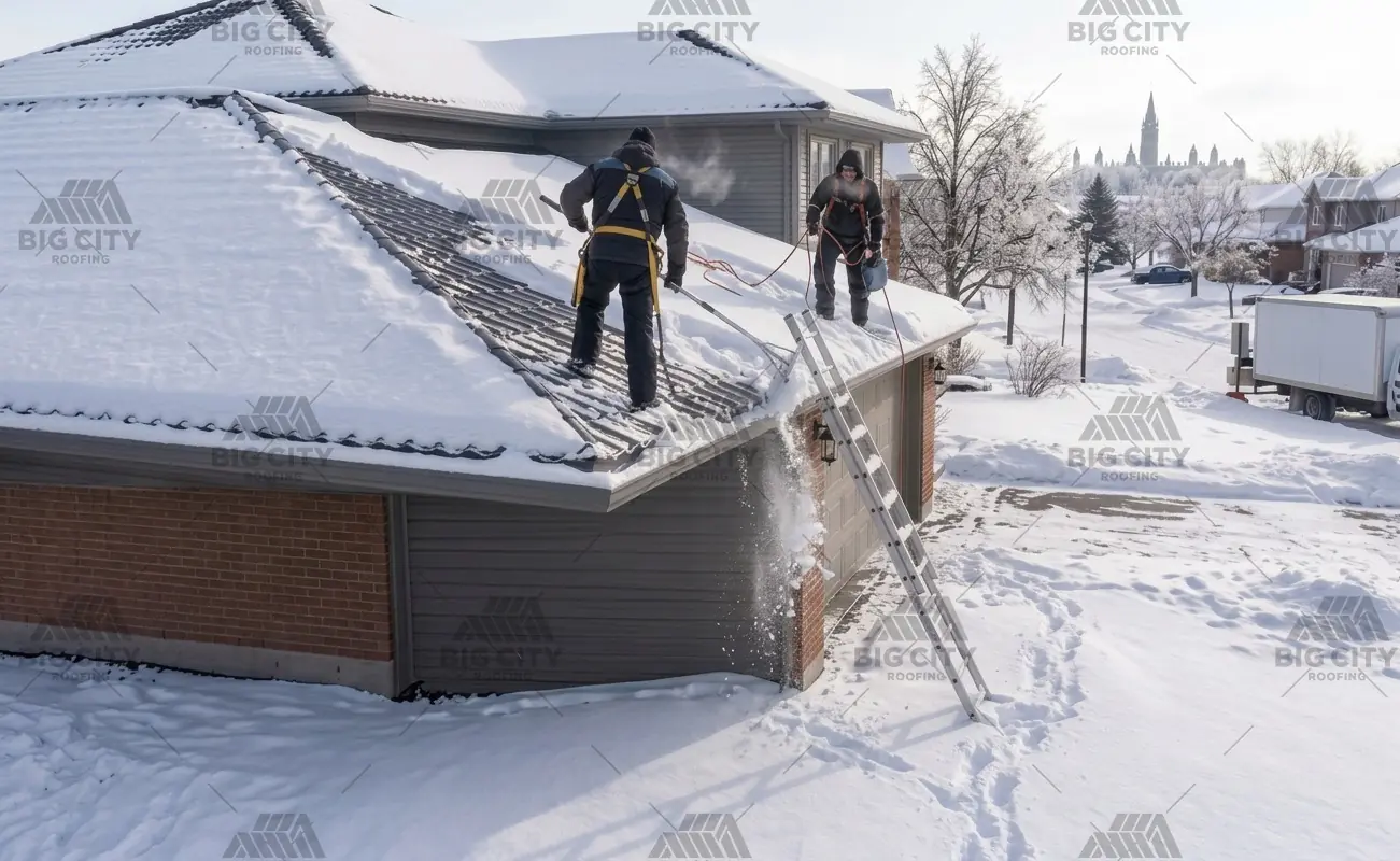 Two roofers in safety harnesses clearing snow from a roof in Ottawa