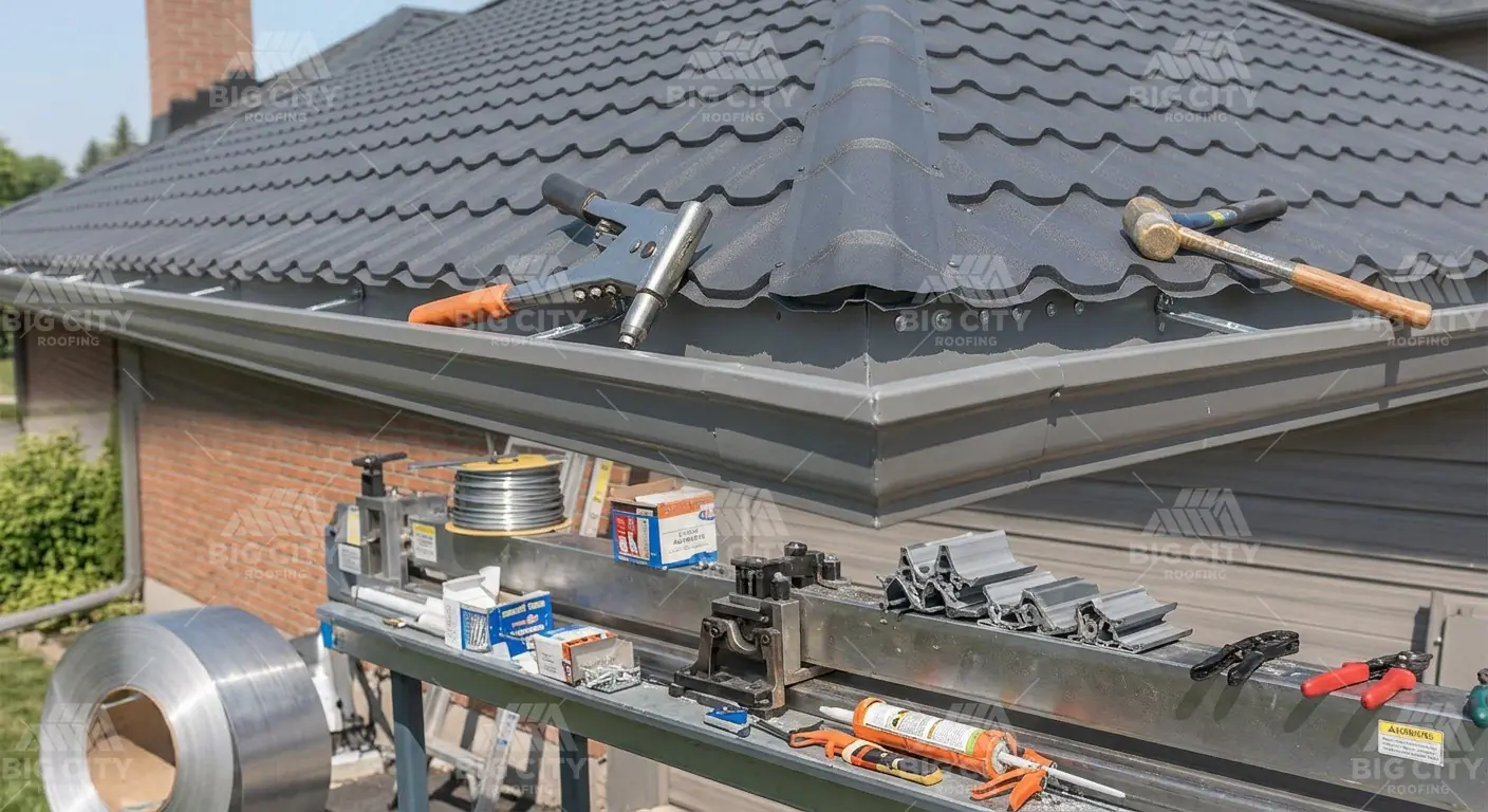 Seamless eavestrough installation along a metal roofline