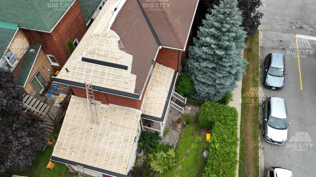 Wood strapping installed over the old shingles before the metal roof in Smiths Falls